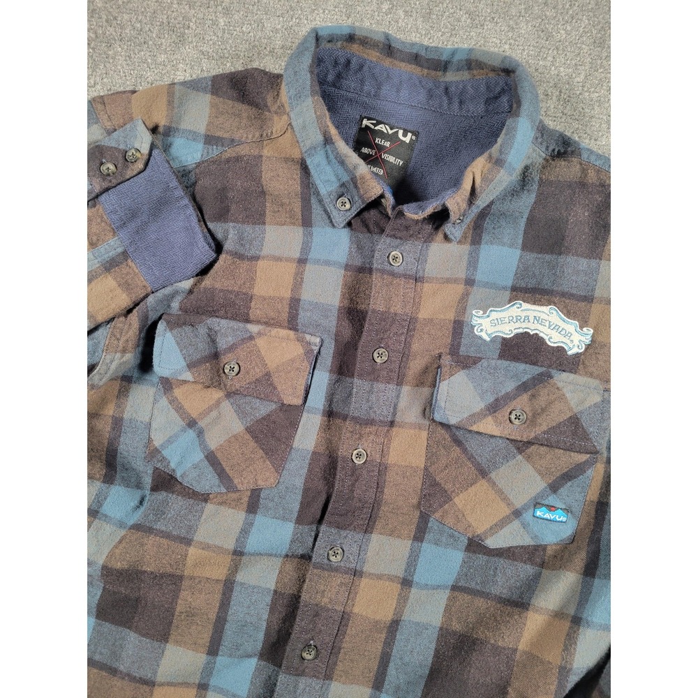 KAVU Shirt Mens 2XL Brown Blue Plaid Flannel Sierra Nevada Logo Button Front